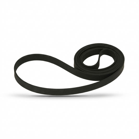 A studio photograph of the YAMAHA Turntable Drive Belt CB097900.png on a solid white background. The matte black, flat rubber belt is arranged in a distinct loop layout, featuring a large, open oval loop on the left that flows into a tight, concentric coil on the right. A soft, elongated shadow is cast directly beneath the belt, giving the object a realistic sense of depth.