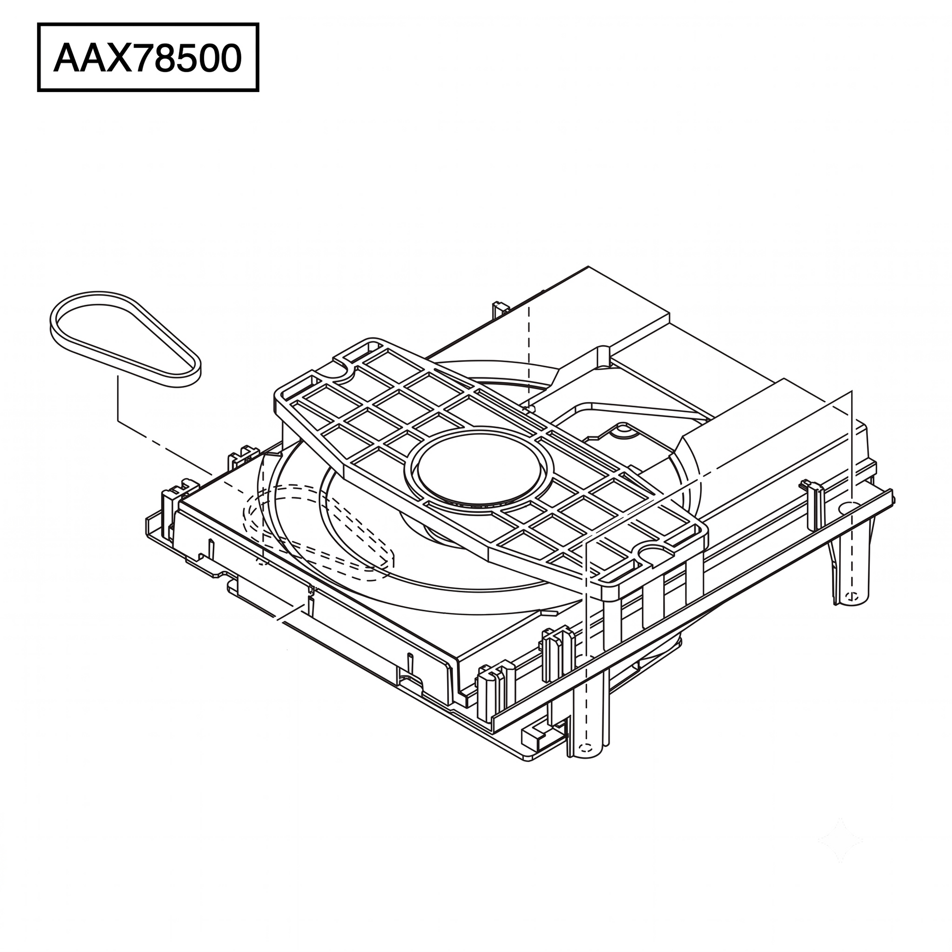 Technical drawing of a CD loading mechanism showing where the AAX78500 drive belt is located/.