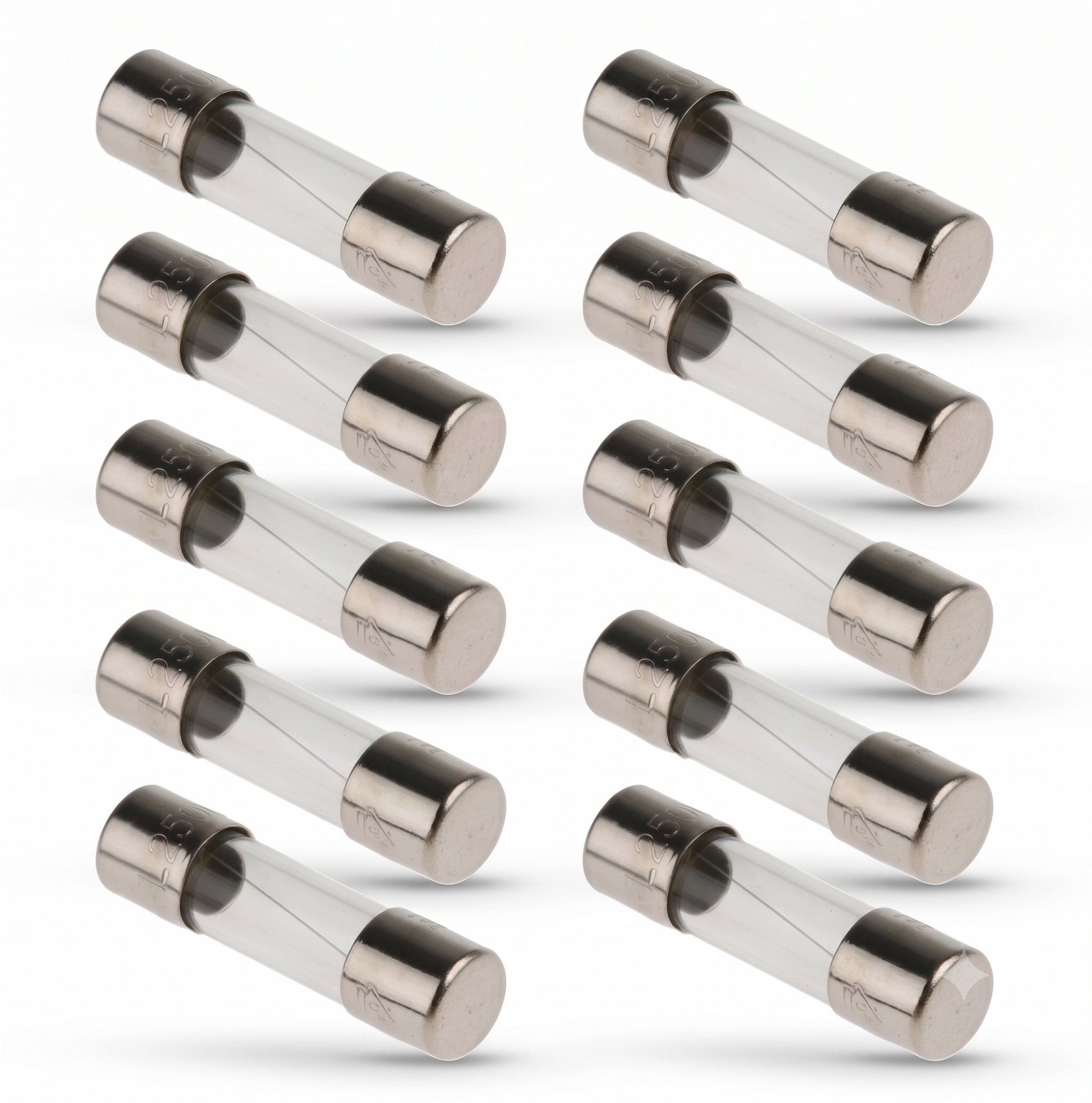 Ten clear glass cylindrical fuses with metallic silver ends, arranged in two columns on a white background.