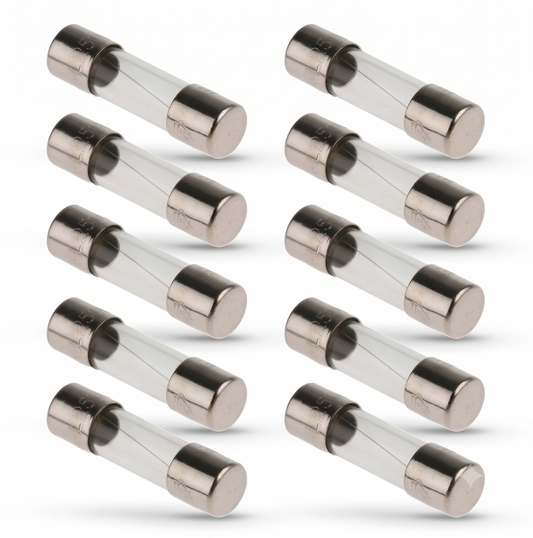 Ten clear glass cylindrical fuses with metallic silver ends, arranged in two columns on a white background.