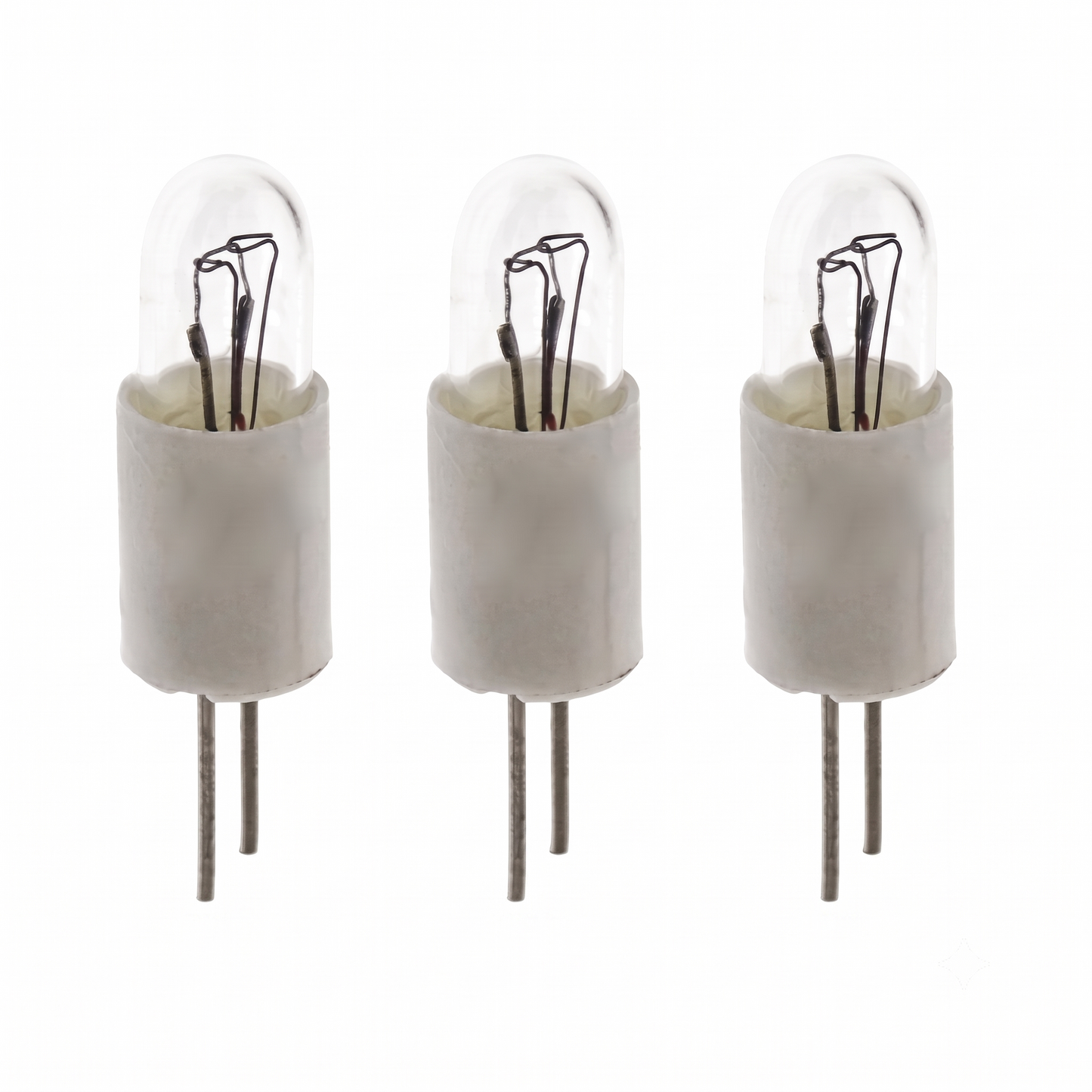 Three identical clear glass LED light bulbs with white cylindrical bases and two metal pins, arranged side by side on a plain white background.