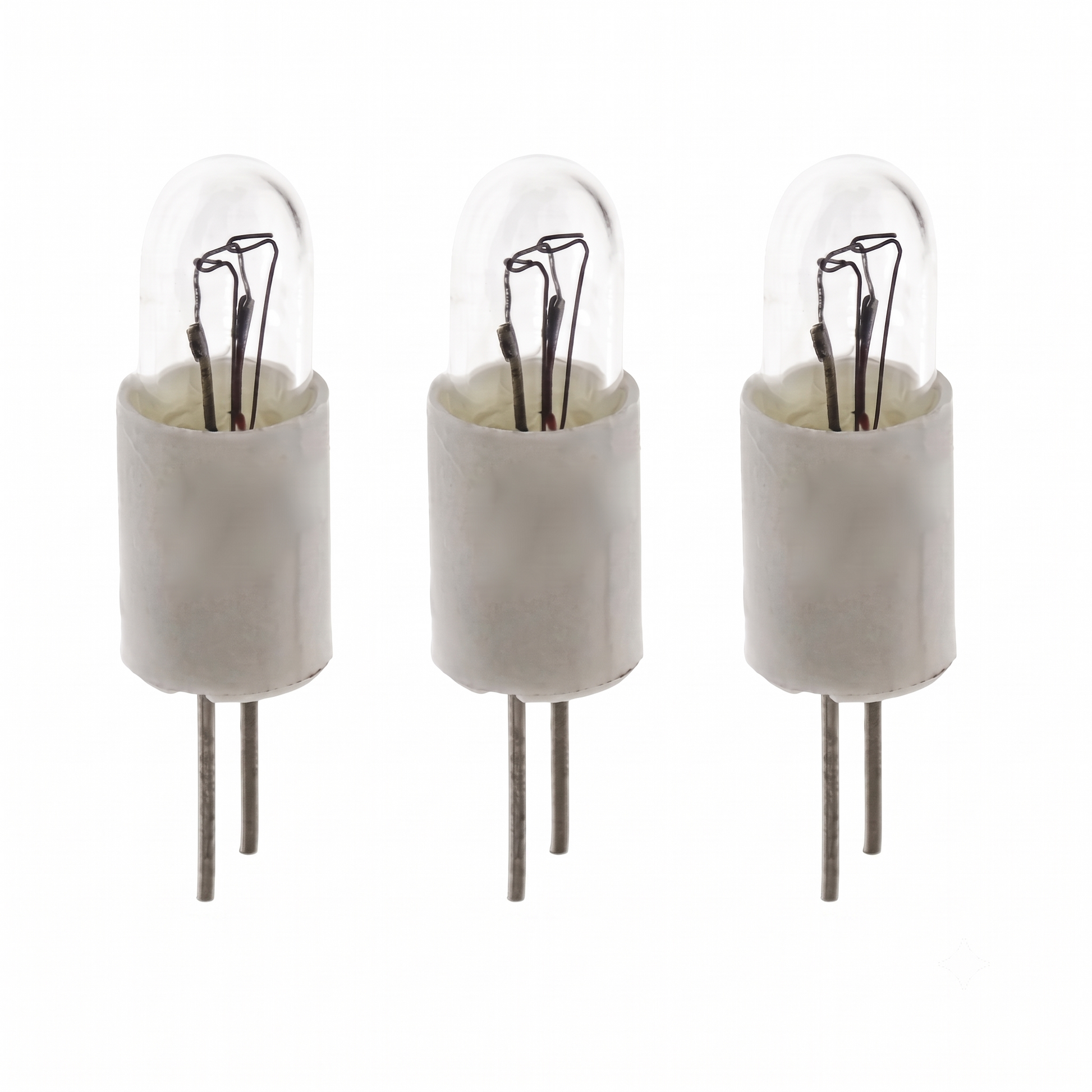 Three identical clear glass LED light bulbs with white cylindrical bases and two metal pins, arranged side by side on a plain white background.
