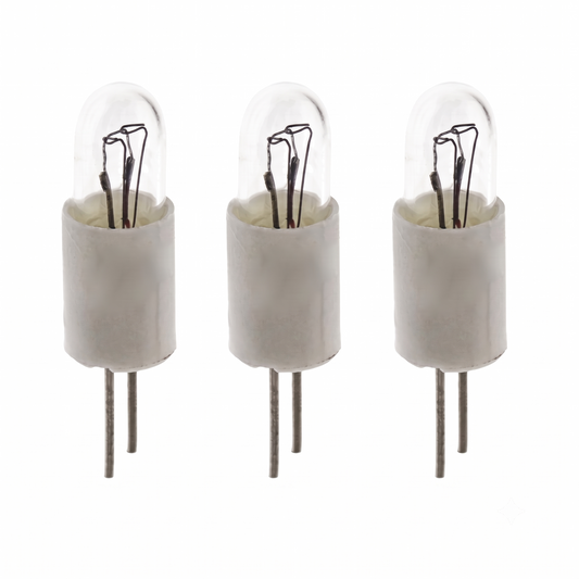 Three identical clear glass LED light bulbs with white cylindrical bases and two metal pins, arranged side by side on a plain white background.