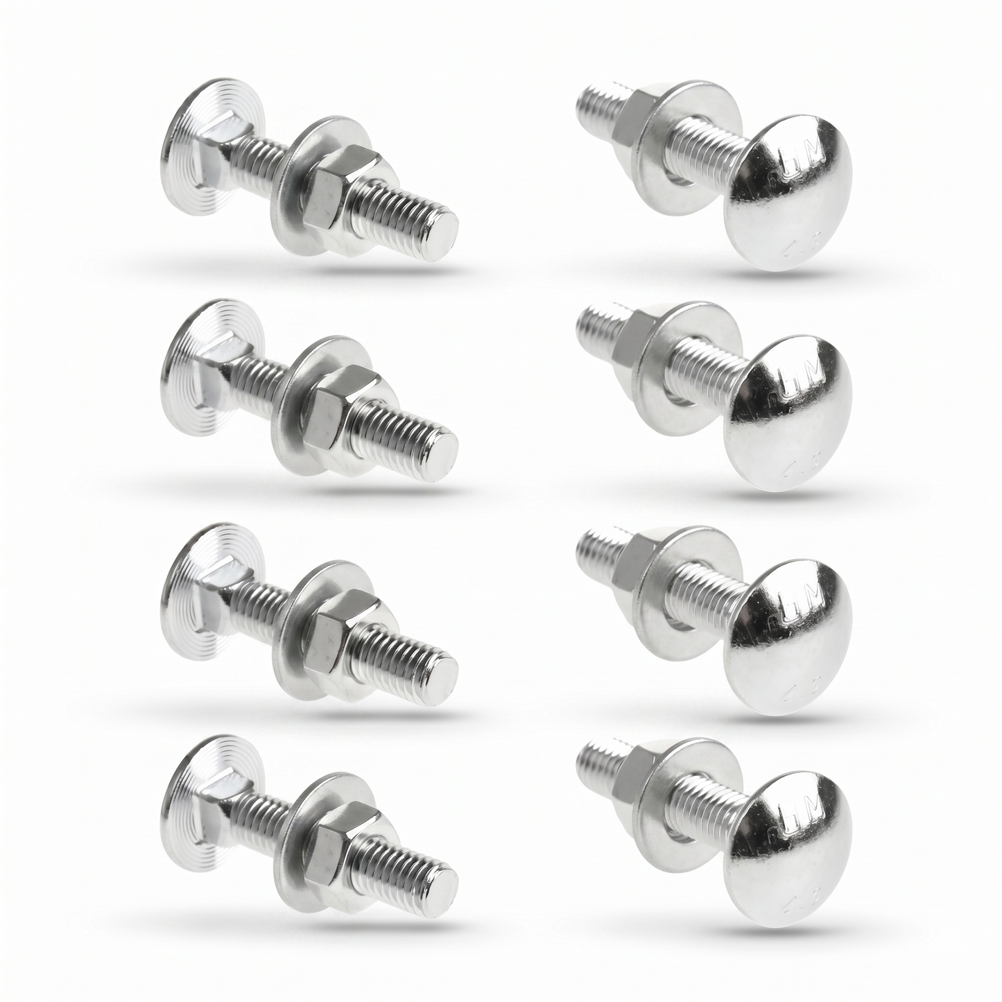 An 8-pack of silver metallic carriage bolts arranged in two vertical columns of four against a clean white background. Each bolt features a rounded, dome-shaped head and a threaded shaft. On every shaft, a flat, circular matching washer is placed just ahead of a hex nut. The four bolts on the left are angled to showcase the underside of the flat head, while the four bolts on the right are turned to highlight the smooth, polished top of the dome. Soft shadows are visible underneath each individual hardware p