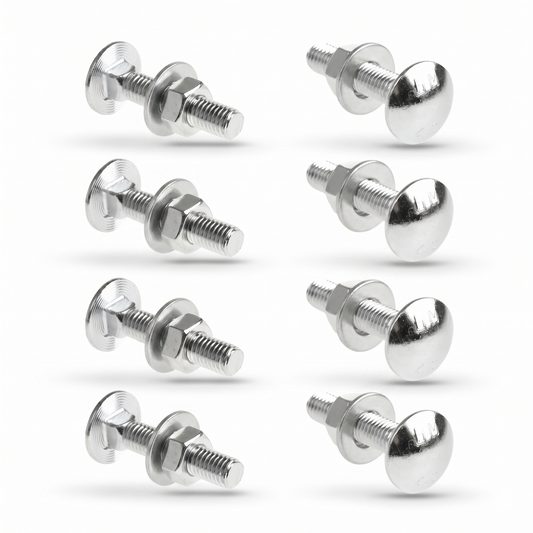An 8-pack of silver metallic carriage bolts arranged in two vertical columns of four against a clean white background. Each bolt features a rounded, dome-shaped head and a threaded shaft. On every shaft, a flat, circular matching washer is placed just ahead of a hex nut. The four bolts on the left are angled to showcase the underside of the flat head, while the four bolts on the right are turned to highlight the smooth, polished top of the dome. Soft shadows are visible underneath each individual hardware p