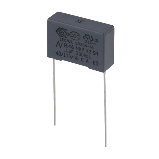 A dark gray ceramic radial-leaded capacitor with silver metal leads, featuring printed specifications including 'C1G 104' and '40V/170/56 C A ED' on a clean white background.