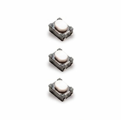 Three small rectangular metal components with oval white tops, arranged vertically on a plain white background.