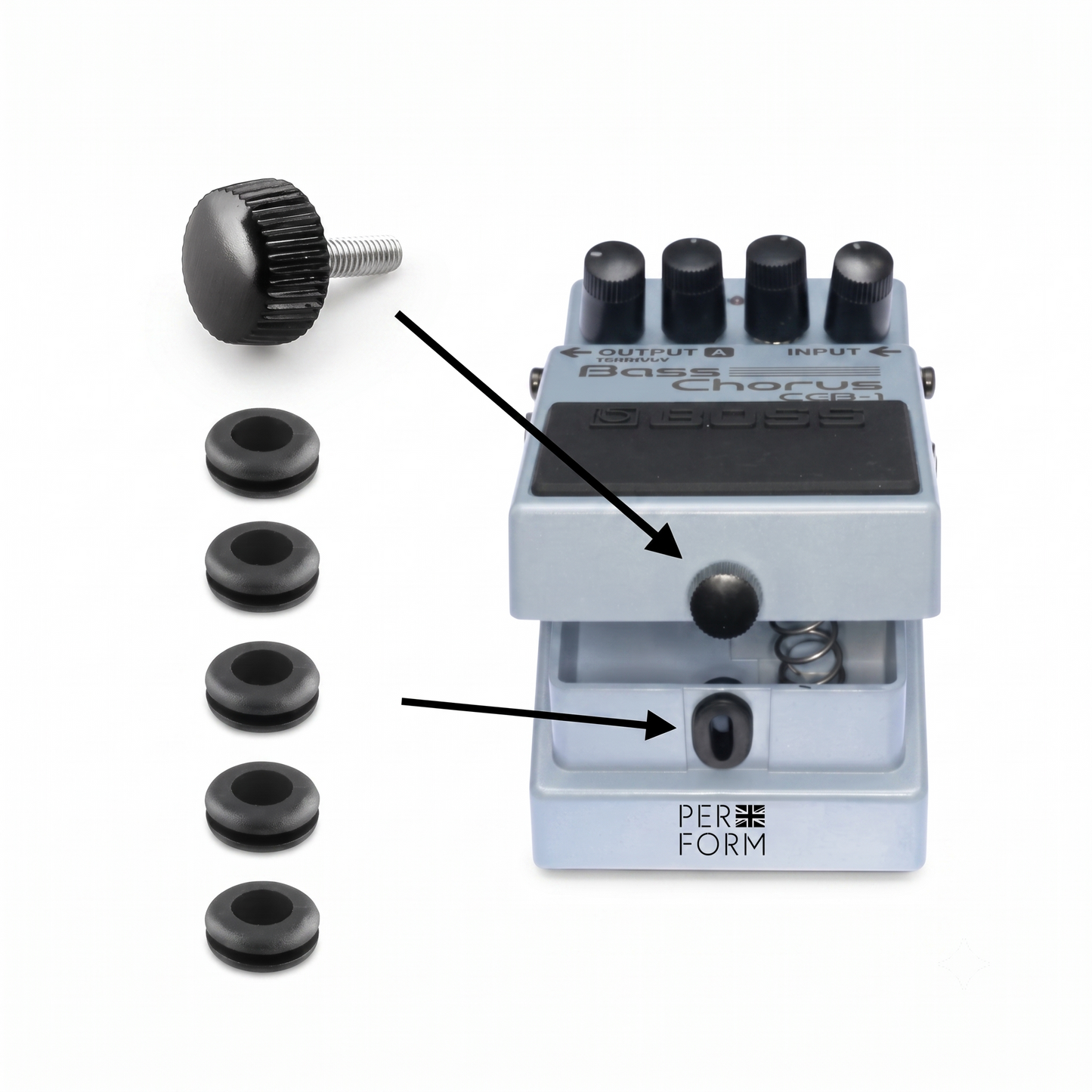 A light blue and black Boss Chorus guitar pedal shown on a white background, with a large black knob, a small black adjustment screw, and five black rubber feet arranged to the left. Arrows point to the pedal's controls.