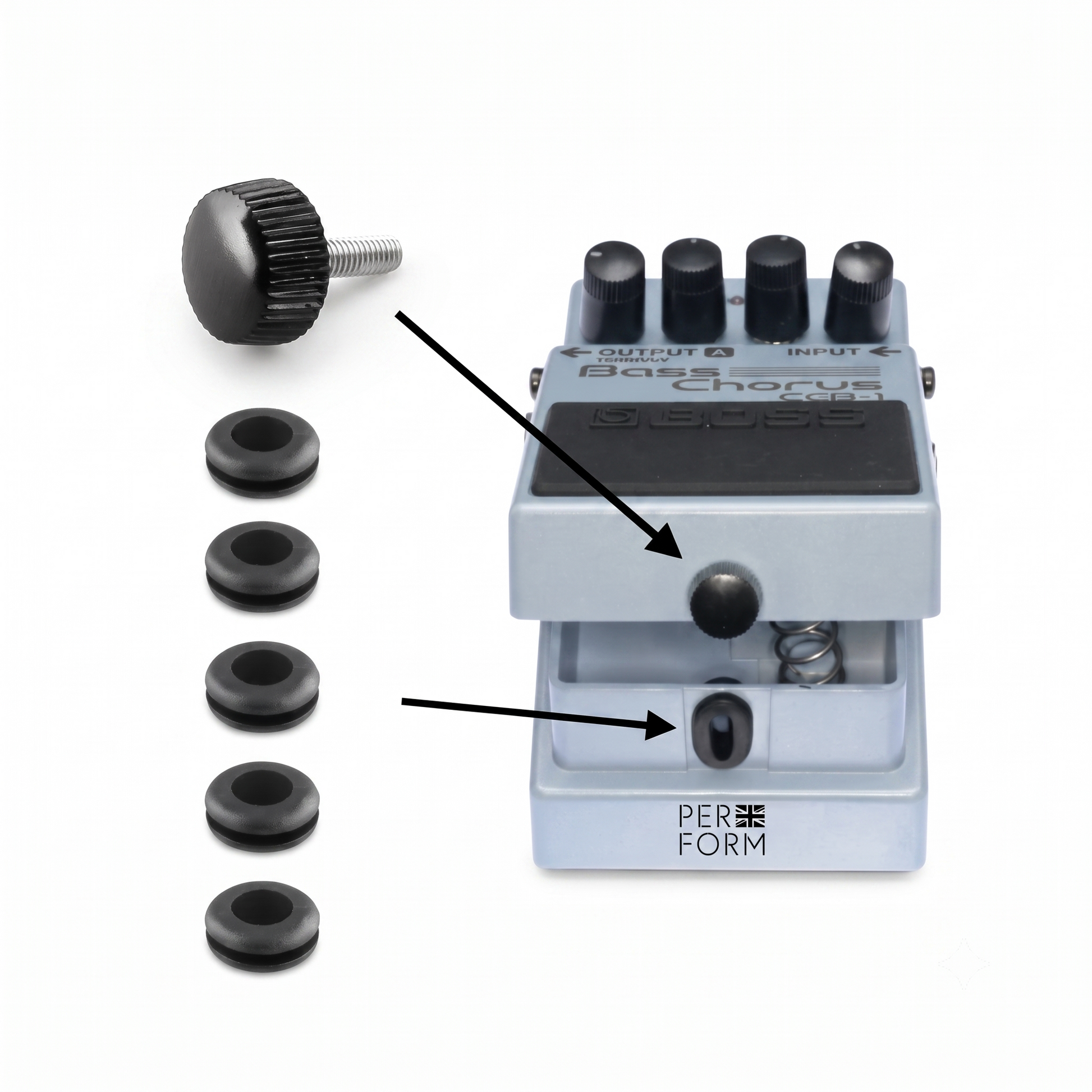 A light blue and black Boss Chorus guitar pedal shown on a white background, with a large black knob, a small black adjustment screw, and five black rubber feet arranged to the left. Arrows point to the pedal's controls.