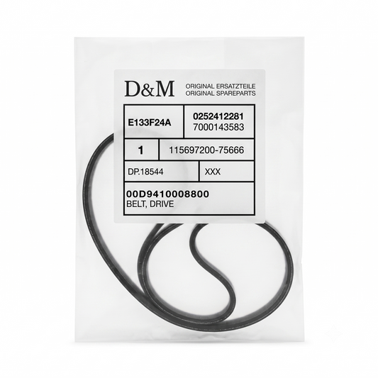 Product label for a D&M original spare part. The label identifies the item as "BELT, DRIVE" with part number 00D9410008800. It includes various technical codes such as E133F24A and DP.18544. A black line drawing of the drive belt is visible behind the label.