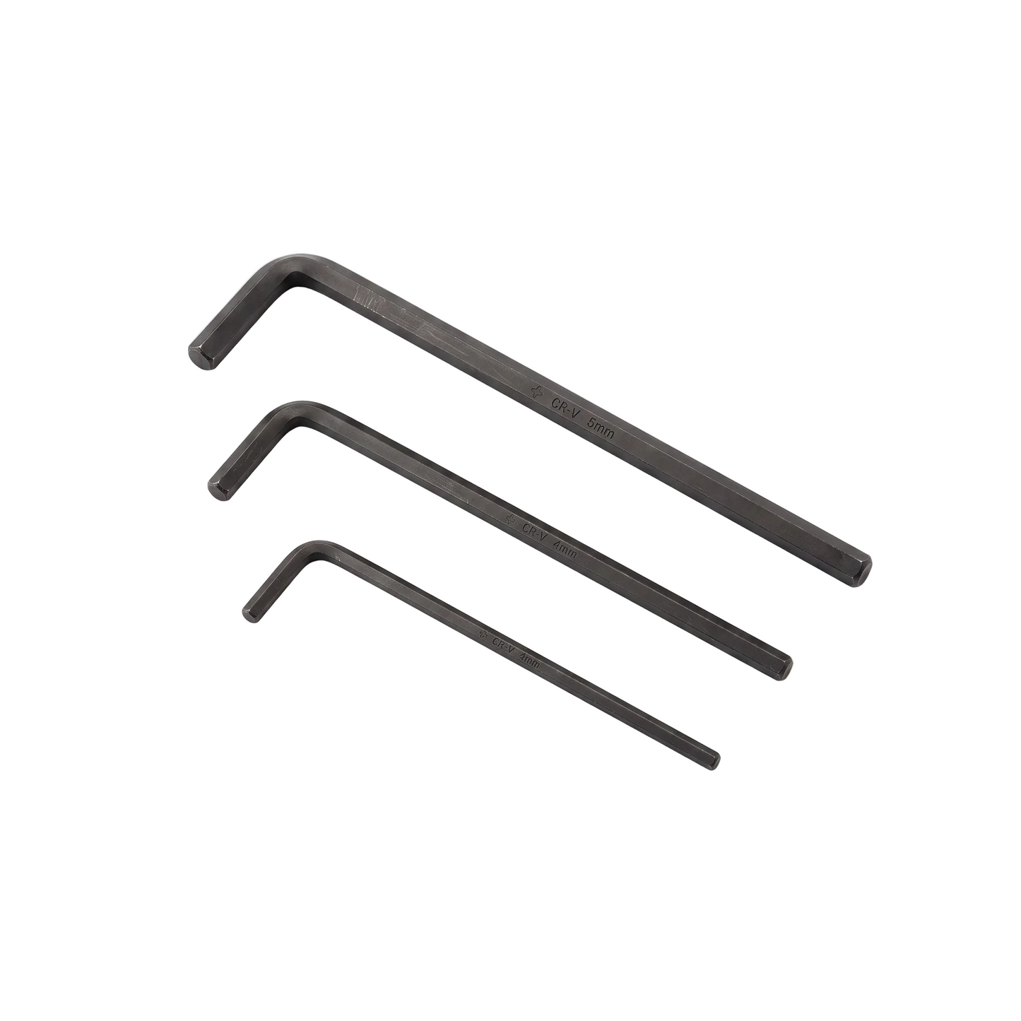 Three black hex wrenches of different sizes arranged diagonally on a clean white background.