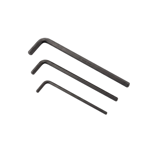 Three black hex wrenches of different sizes arranged diagonally on a clean white background.