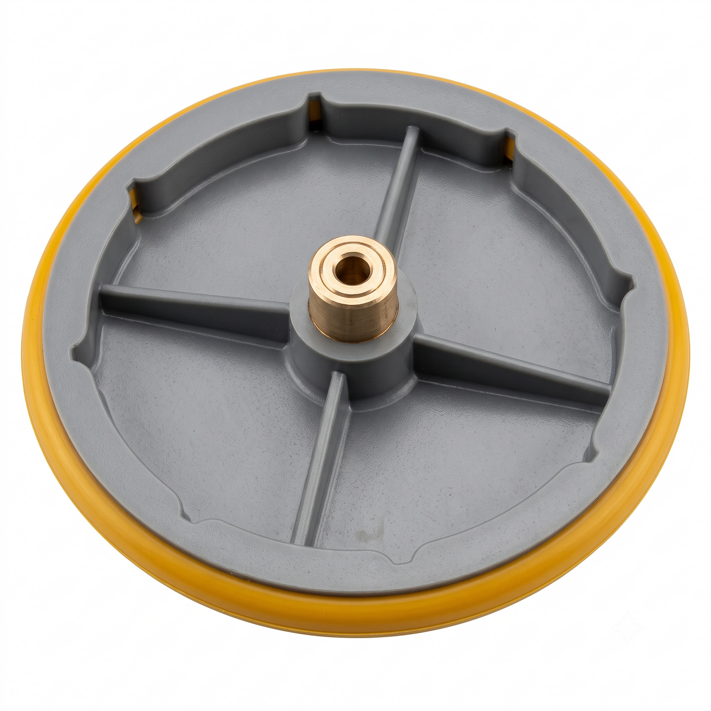 A circular gray plastic wheel or disc with a yellow outer rim and a brass-colored center post, shown on a plain white background.