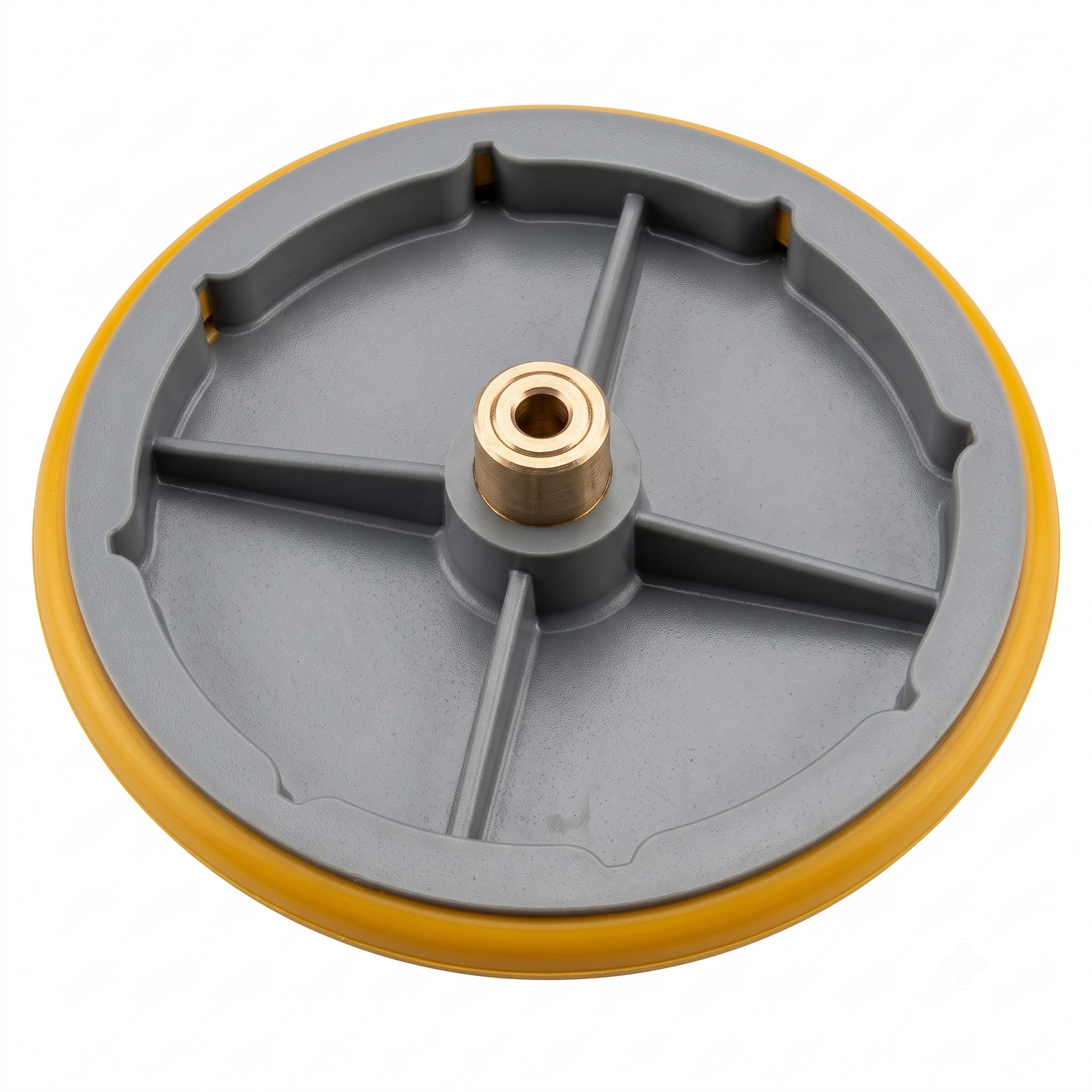 A circular gray plastic wheel or disc with a yellow outer rim and a brass-colored center post, shown on a plain white background.