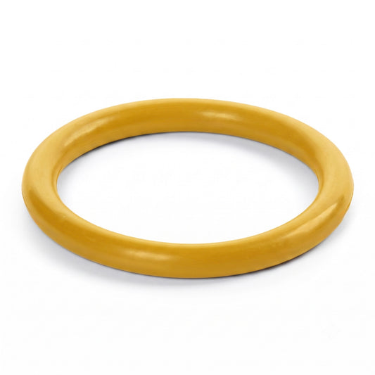 Yellow silicone idler wheel tyre upgrade for Goldring Lenco turntables, isolated on a white background.