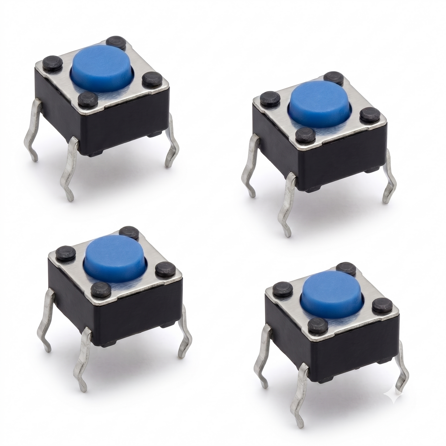 Four identical Gtech tactile push-button switches with blue circular buttons, metallic top plates, black plastic bodies, and four curved metal pins, arranged in a square pattern on a plain white background.