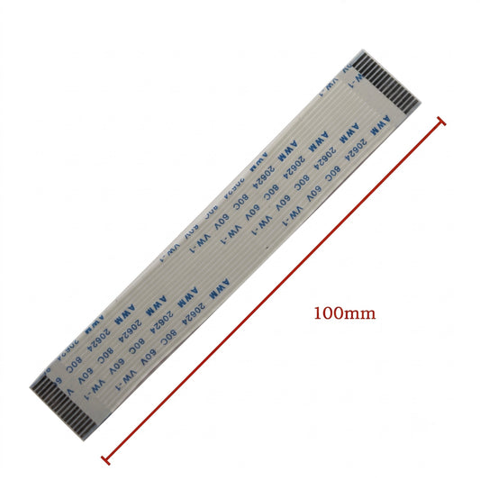 A flat ribbon cable connector strip shown diagonally on a white background, with a red measurement line and text indicating 100mm length. The cable has blue printed text including the brand name 'ANF' and specifications such as '20V 500mA 3.