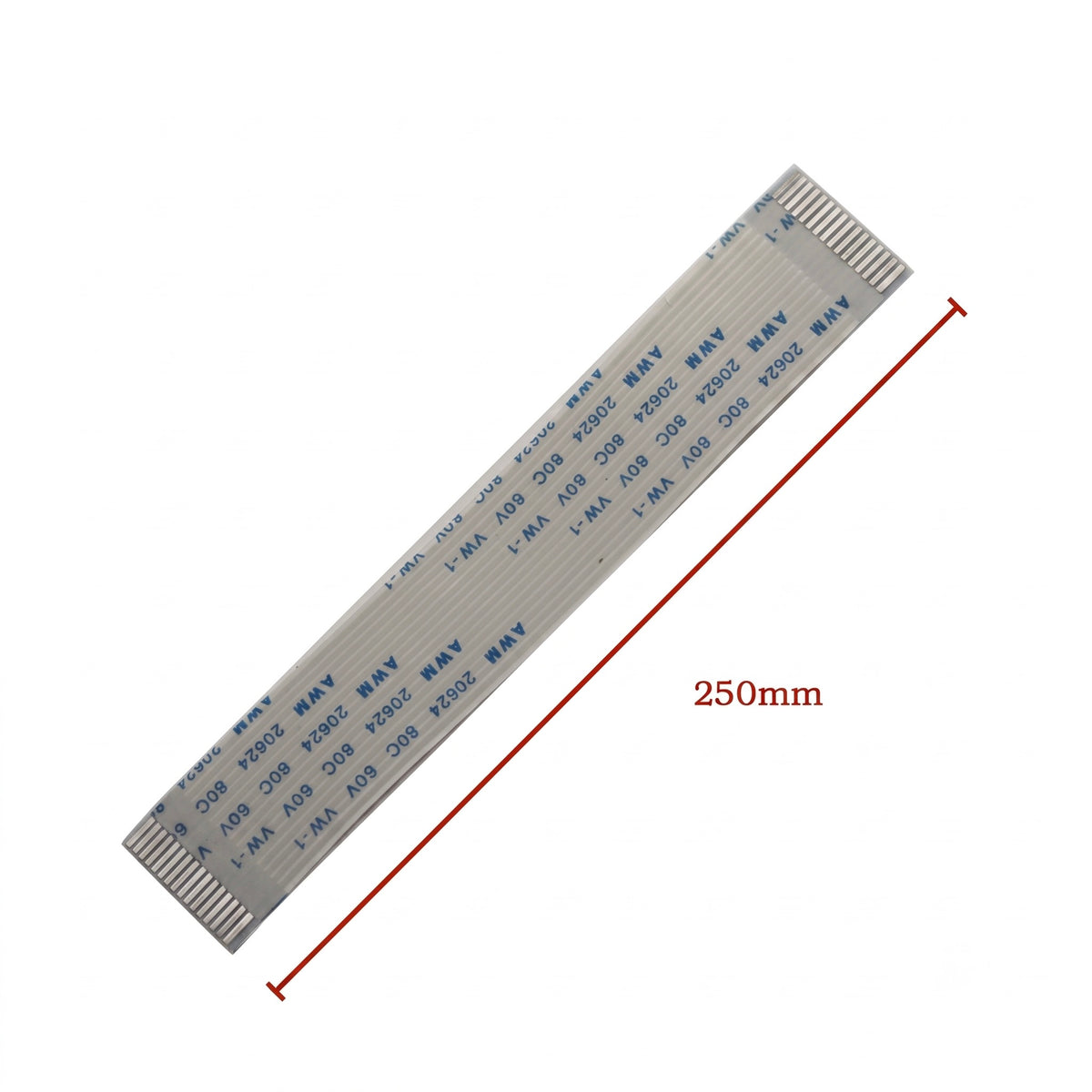 A flat flexible ribbon cable connector strip shown diagonally on a white background, with a red measurement line and text indicating a length of 250mm.