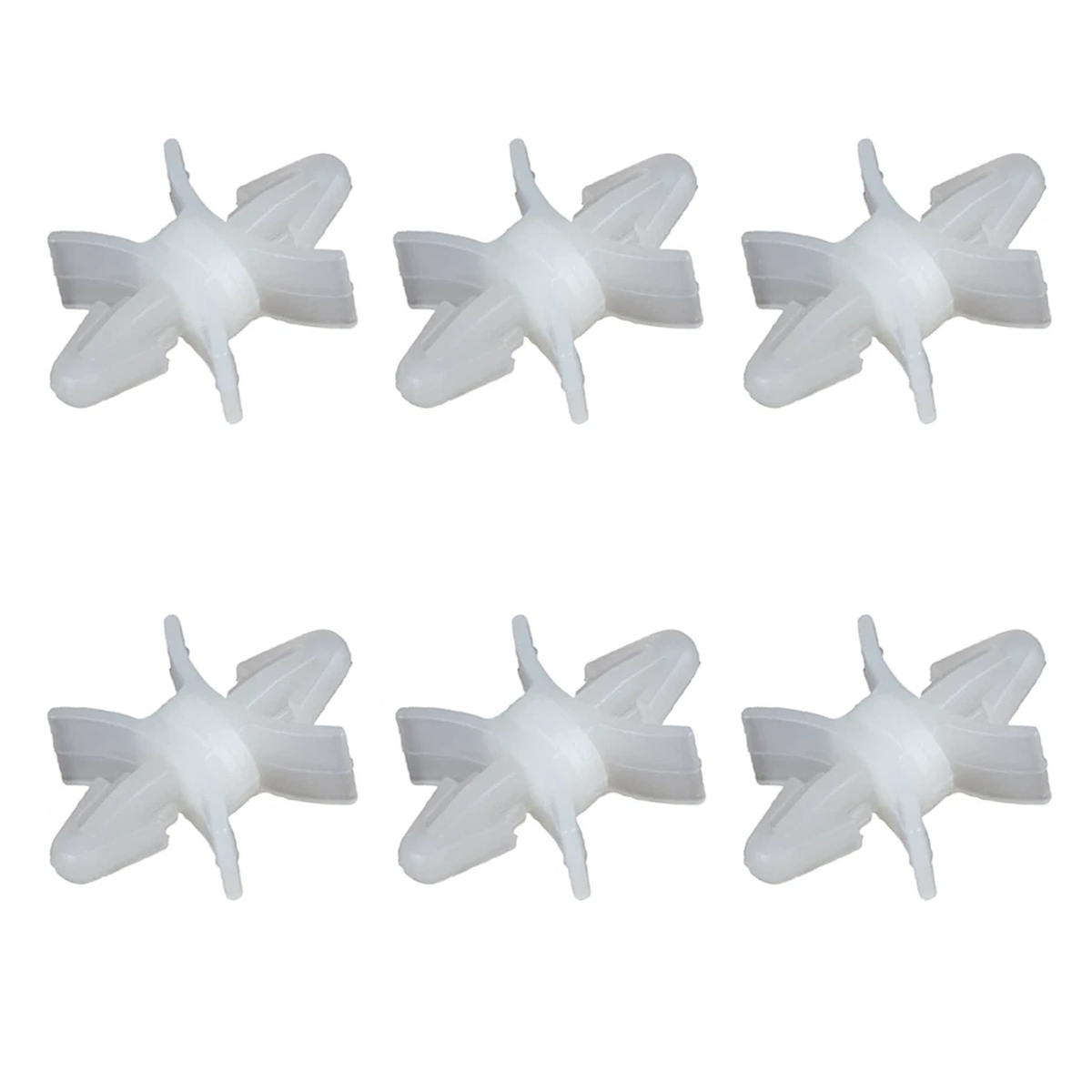 Six white plastic four-spoke PCB Clips arranged in two rows of three on a plain white background.
