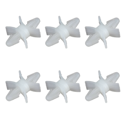 Six white plastic four-spoke PCB Clips arranged in two rows of three on a plain white background.