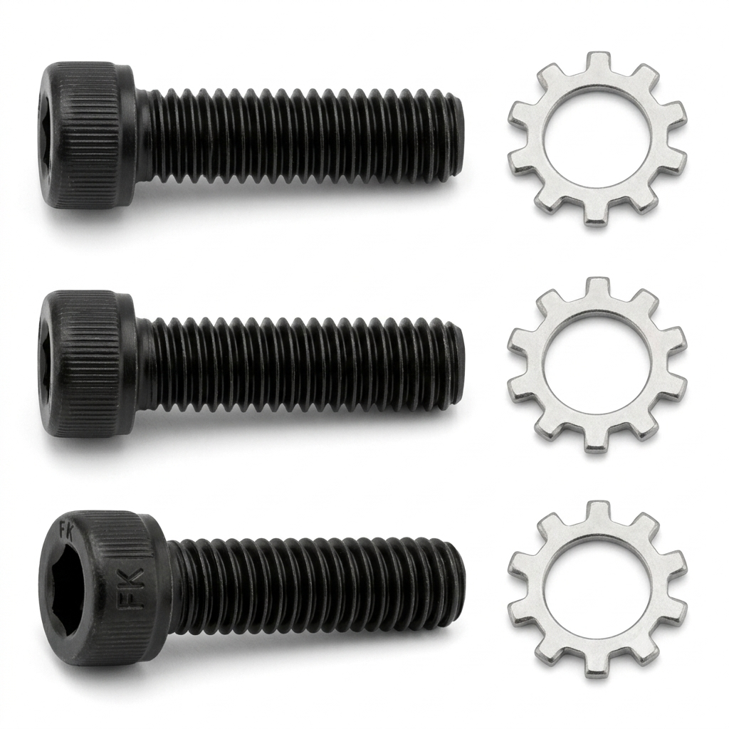 Set of three black M5 x 16mm hex socket cap bolts and three silver external tooth locking washers for Linn LP12 tonearm fixing.