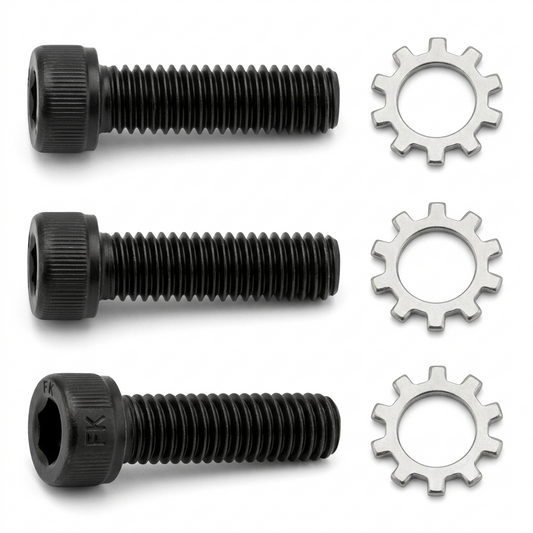 Set of three black M5 x 16mm hex socket cap bolts and three silver external tooth locking washers for Linn LP12 tonearm fixing.
