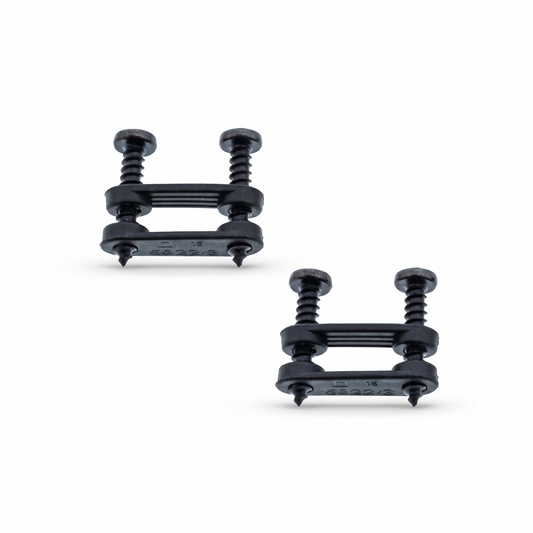 A high-resolution, close-up photograph of two sets of black plastic power cable clamps on a crisp white background. Each assembly consists of two parallel rectangular plastic bars held together by two black, threaded screws running through them, with the pointed tips of the screws protruding slightly from the bottom. The text "6622/3" is cleanly moulded into the face of the lower plastic bars, and subtle, soft shadows cast beneath the components give them a three-dimensional depth.
