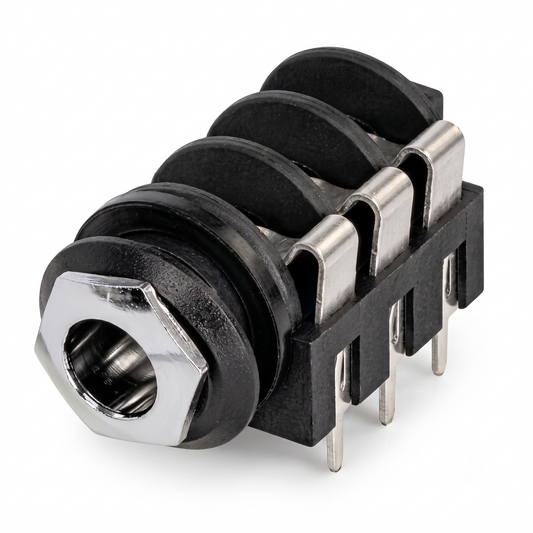 A black plastic and metal audio jack adapter with a hexagonal threaded male connector and three pin leads, shown on a white background.