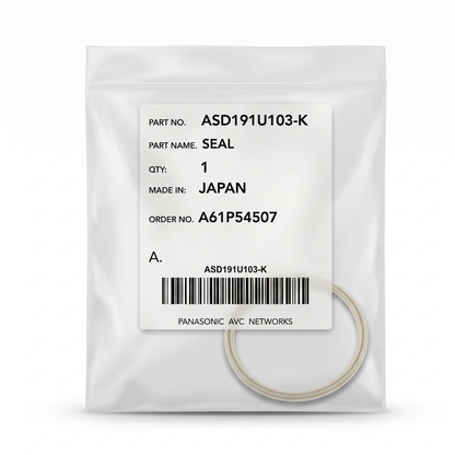 A Panasonic AVC Networks seal part in a white plastic bag with a white label showing part number ASD191U103-K, quantity 1, made in Japan.