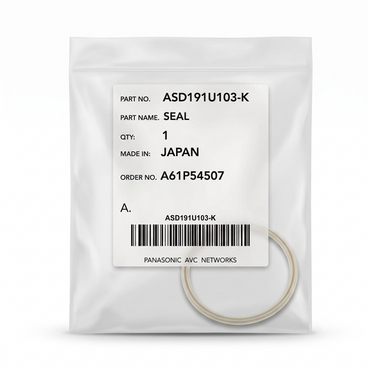 A Panasonic AVC Networks seal part in a white plastic bag with a white label showing part number ASD191U103-K, quantity 1, made in Japan.