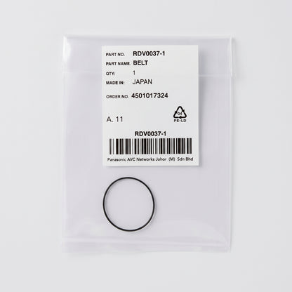 A black rubber belt sealed in a clear plastic bag with a white label showing part number RDV0037-1 and Panasonic branding.
