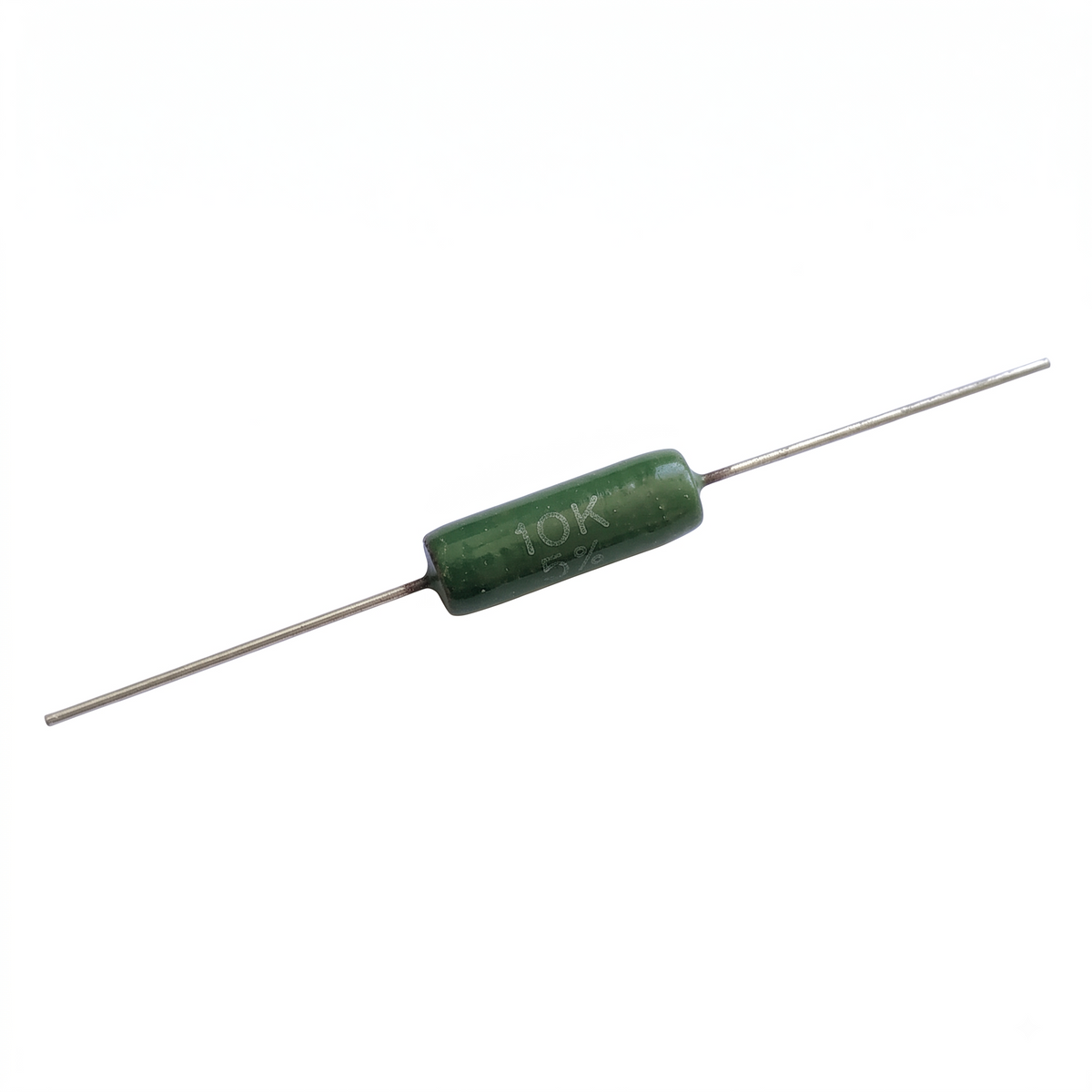 A single 10K Ohm green radial lead electronic resistor on a plain white background, with the text 10K printed in black on the upper left.