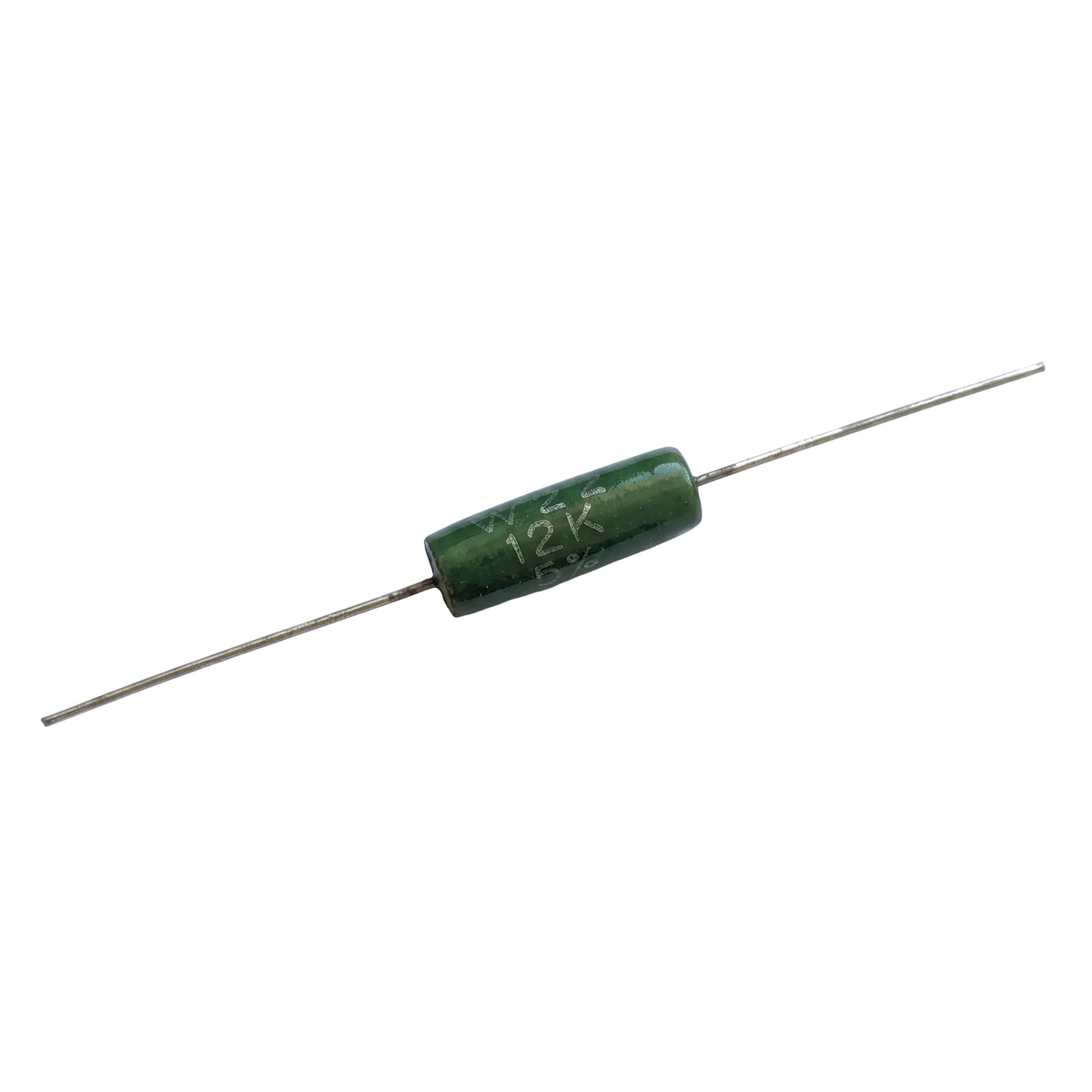 A single 12K ohm radial lead resistor with a dark green ceramic body and silver metal leads, shown on a plain white background.