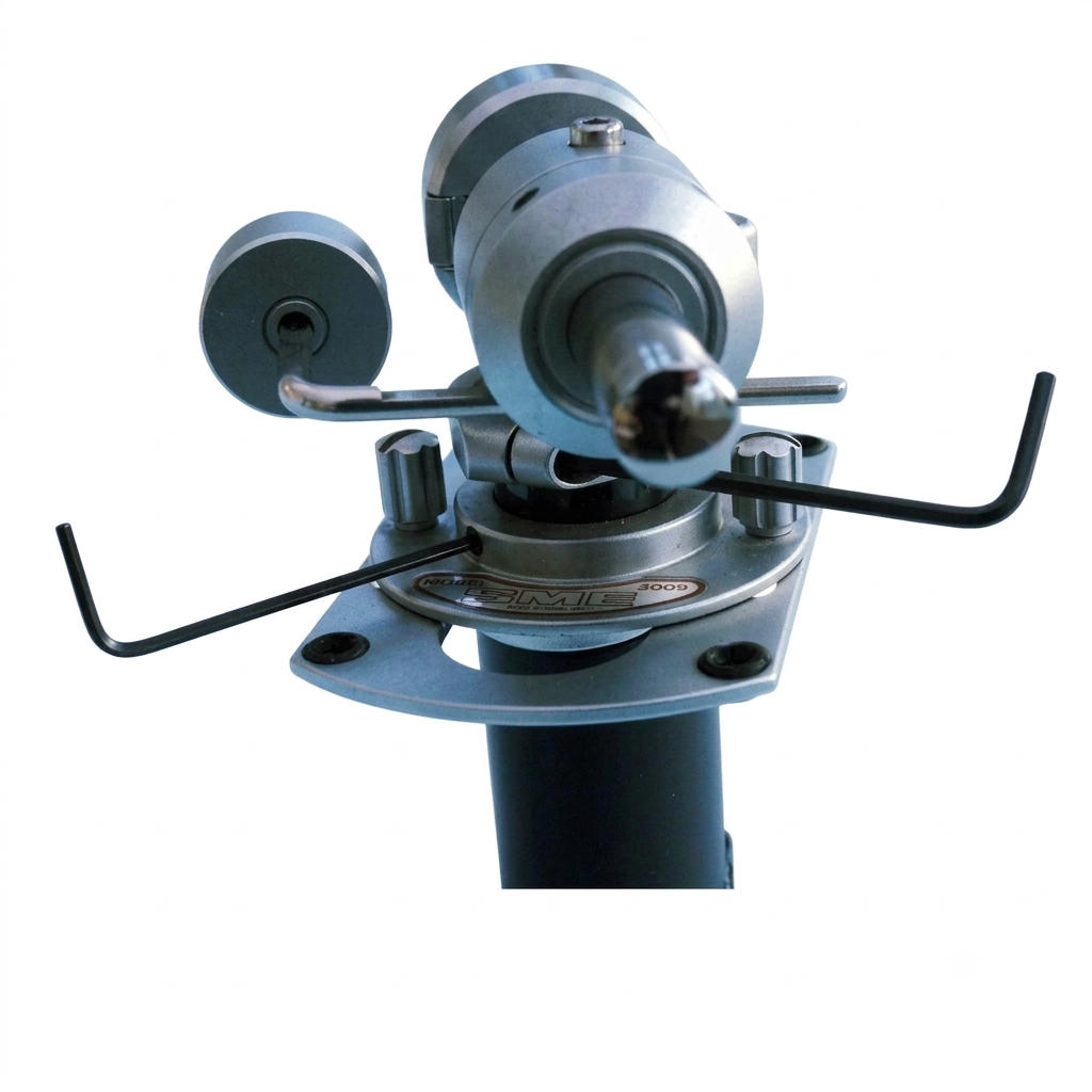 A close-up of a metal SME tonearm clamp or mounting device with a silver cylindrical body, blue-grey base plate, black adjustment arms, and a dark vertical post, shown on a plain white background.
