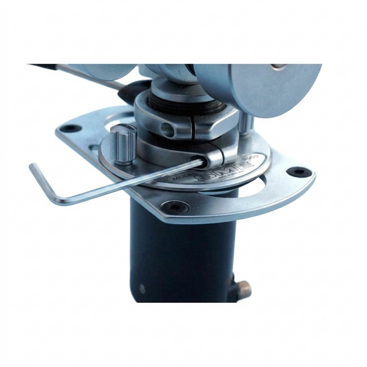 Close-up of an SME tonearm with a silver metal mounting plate, adjustment knob, Allen wrench, and a dark cylindrical base on a white background.