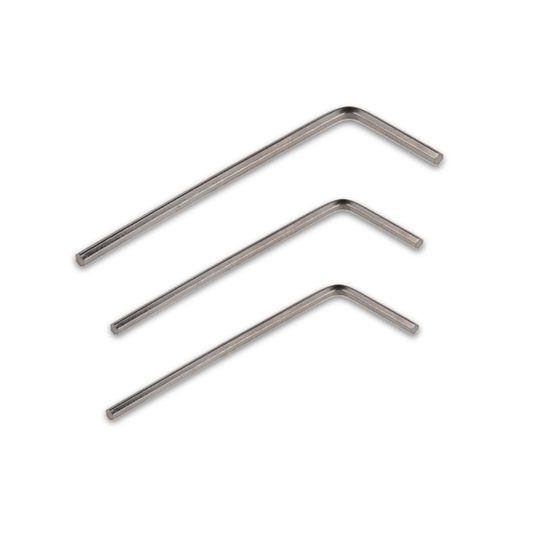 Three metal Allen wrenches of different sizes on a white background