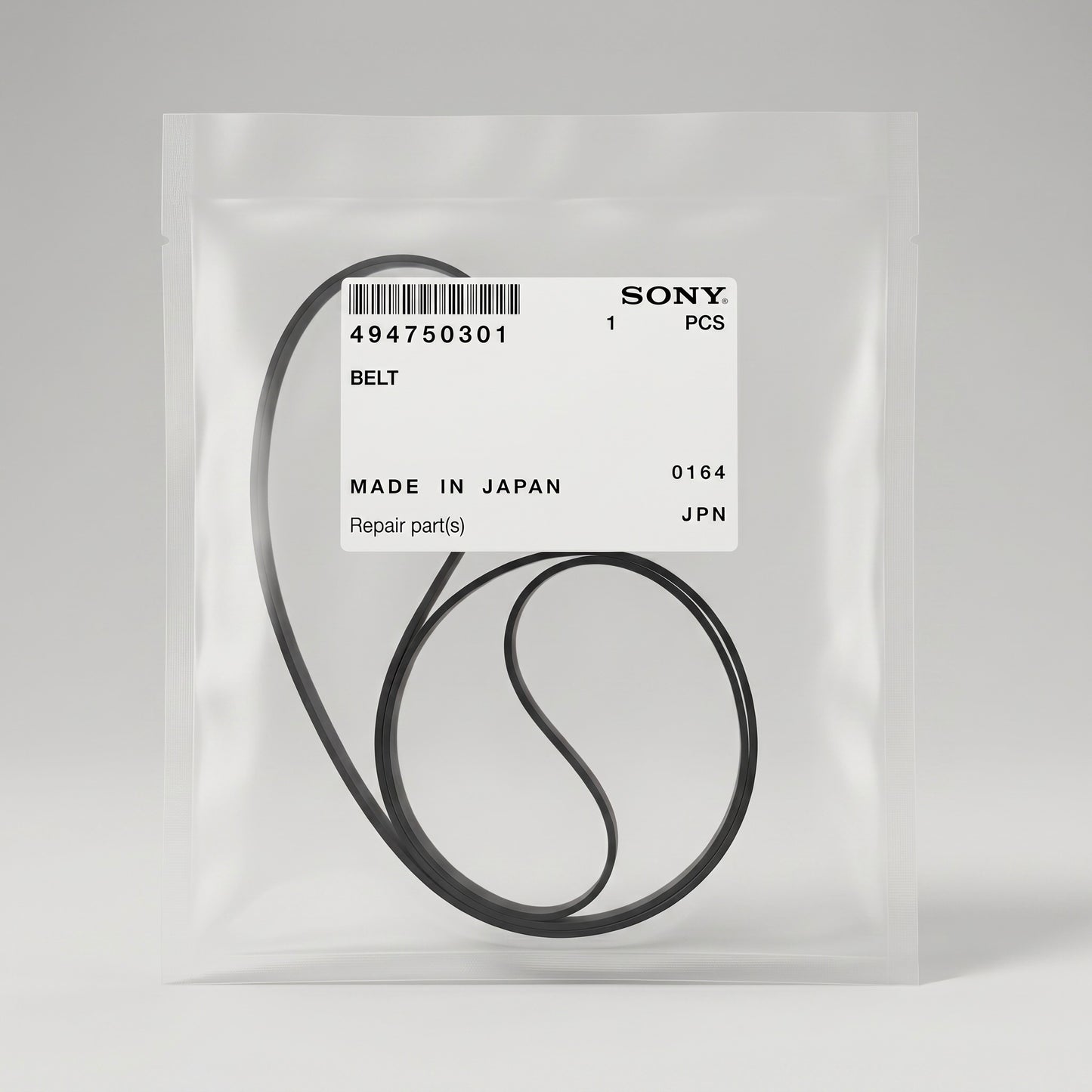 A Sony replacement belt, part number 494750301, shown inside its clear plastic packaging with a white label. The belt is coiled inside the transparent bag against a neutral light gray background.