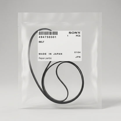 A Sony replacement belt, part number 494750301, shown inside its clear plastic packaging with a white label. The belt is coiled inside the transparent bag against a neutral light gray background.