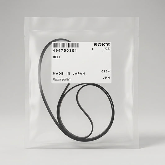 A Sony replacement belt, part number 494750301, shown inside its clear plastic packaging with a white label. The belt is coiled inside the transparent bag against a neutral light gray background.