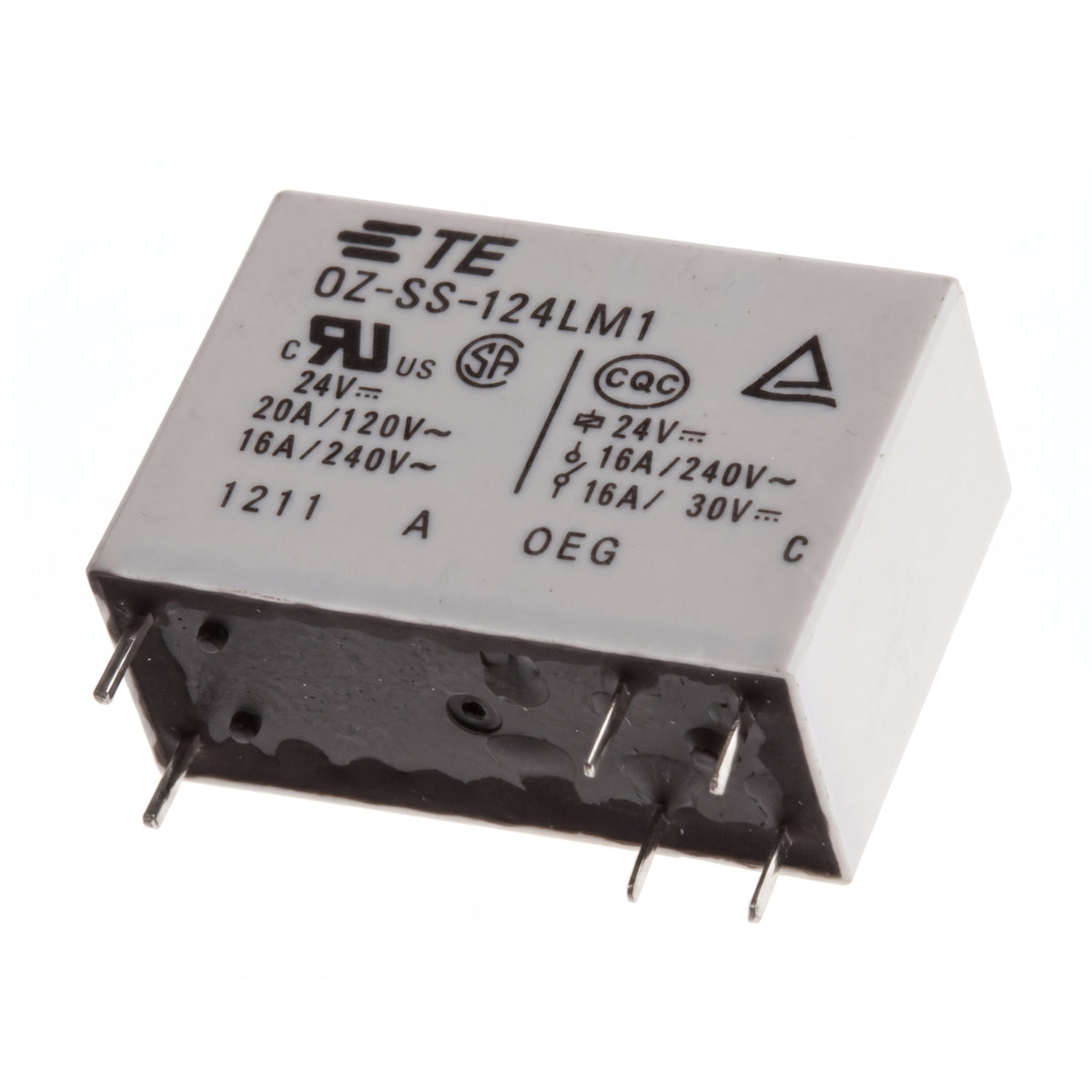 An industrial electronic relay component, model OZ-SS-124LM1, manufactured by ITE. The relay has a white plastic housing with a black printed specification label on top, featuring multiple metal pins extending from the bottom.