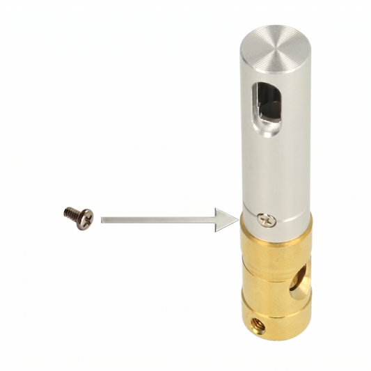 Metallic cylindrical component with gold lower section and silver upper section on a white background