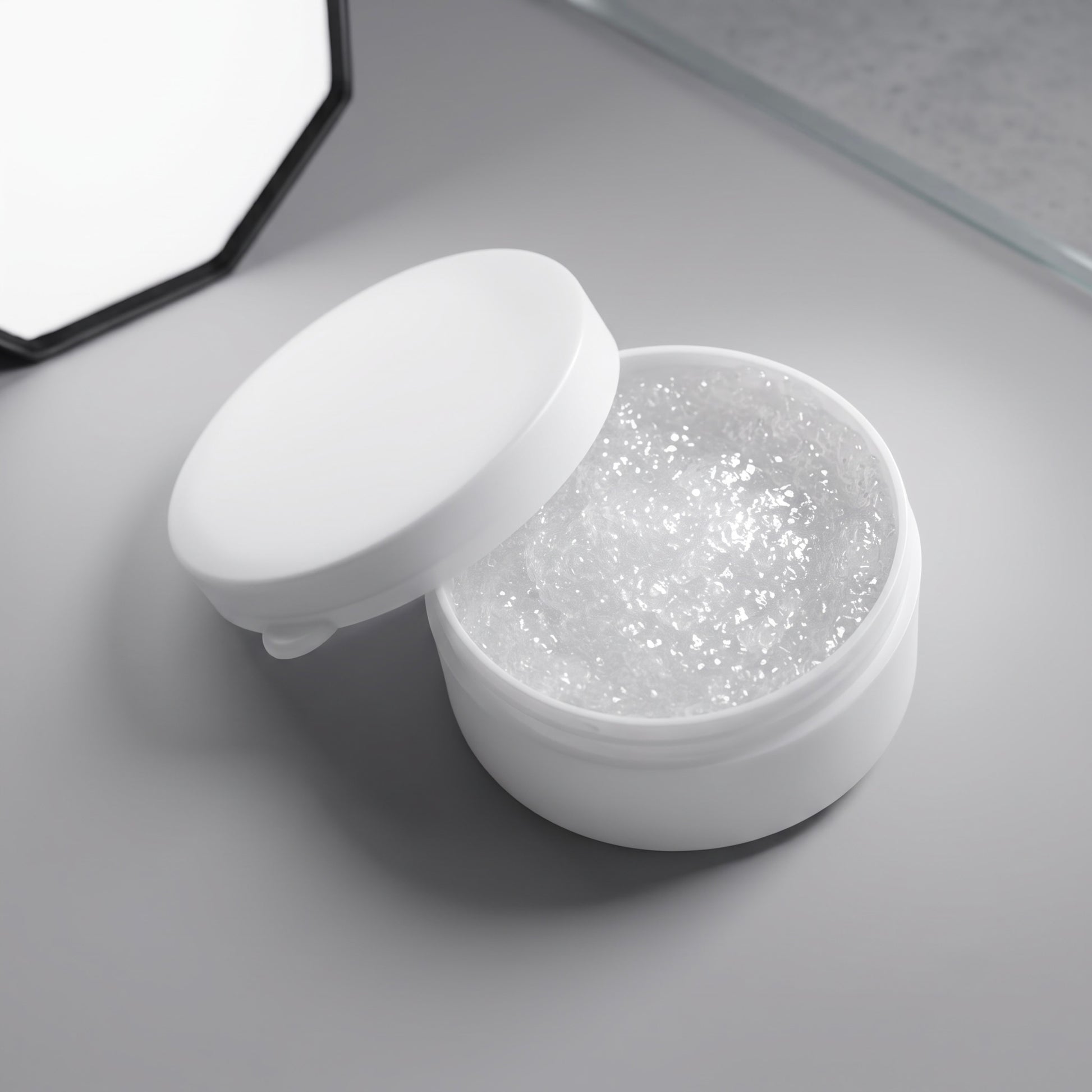 An open white Technics jar filled with a clear grease, shown on a light grey surface with a mirror partially visible in the background.