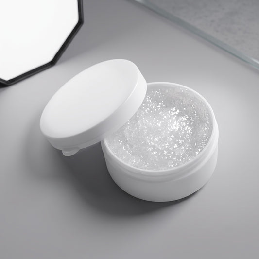 An open white Technics jar filled with a clear grease, shown on a light grey surface with a mirror partially visible in the background.