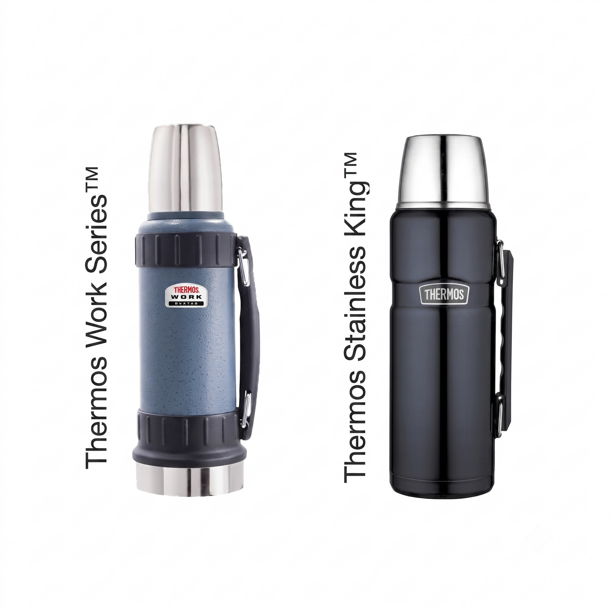 High-definition product image showing two Thermos vacuum flasks standing side-by-side against a white background. On the left is a textured blue Thermos Work Series flask with a sturdy side handle and vertical text reading "Thermos Work Series™". On the right is a sleek black Thermos Stainless King flask with a metallic finish, side handle, and vertical text reading "Thermos Stainless King™". Both feature stainless steel caps.