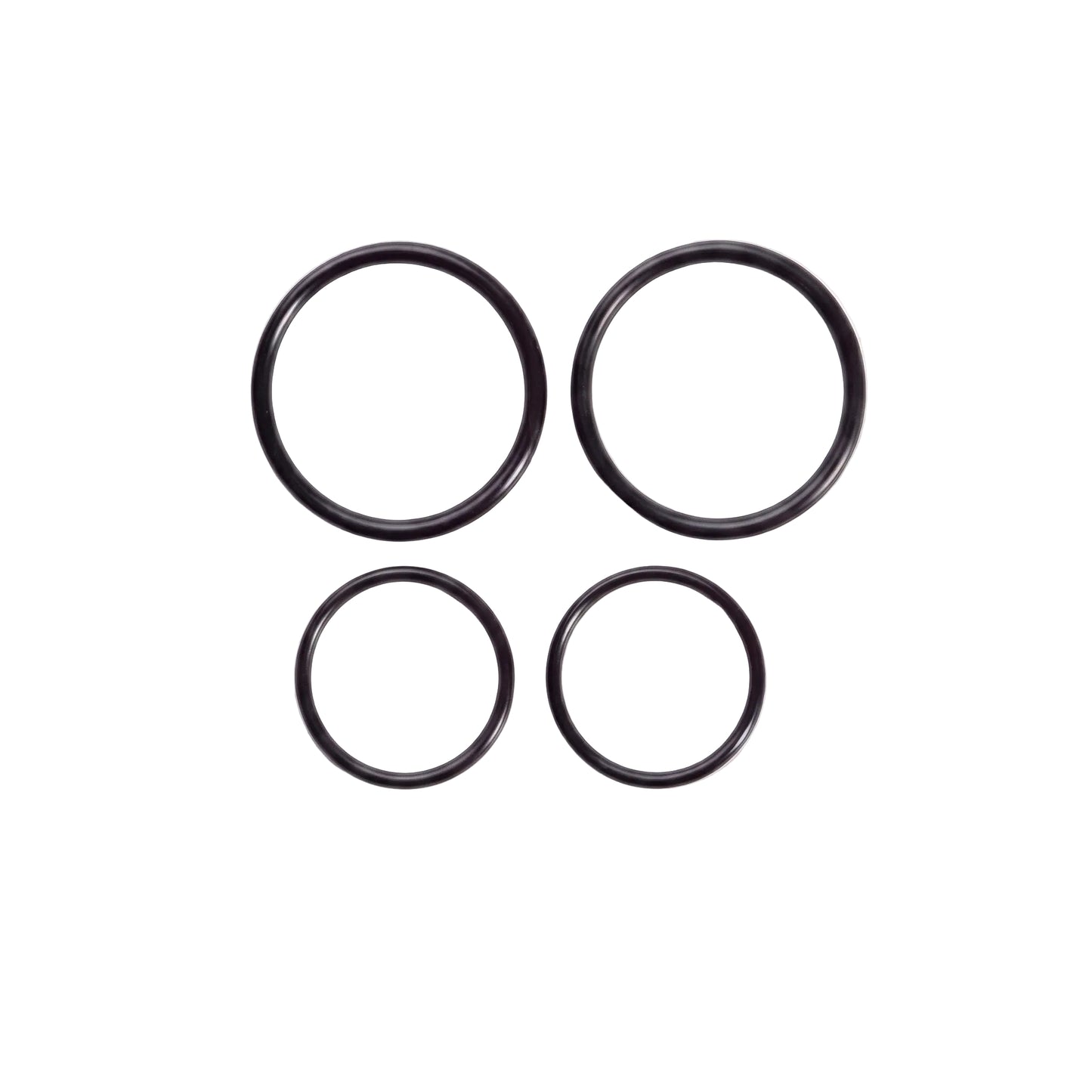 Four black rubber O-rings of 2 sizes arranged in a 2x2 grid on a plain white background.