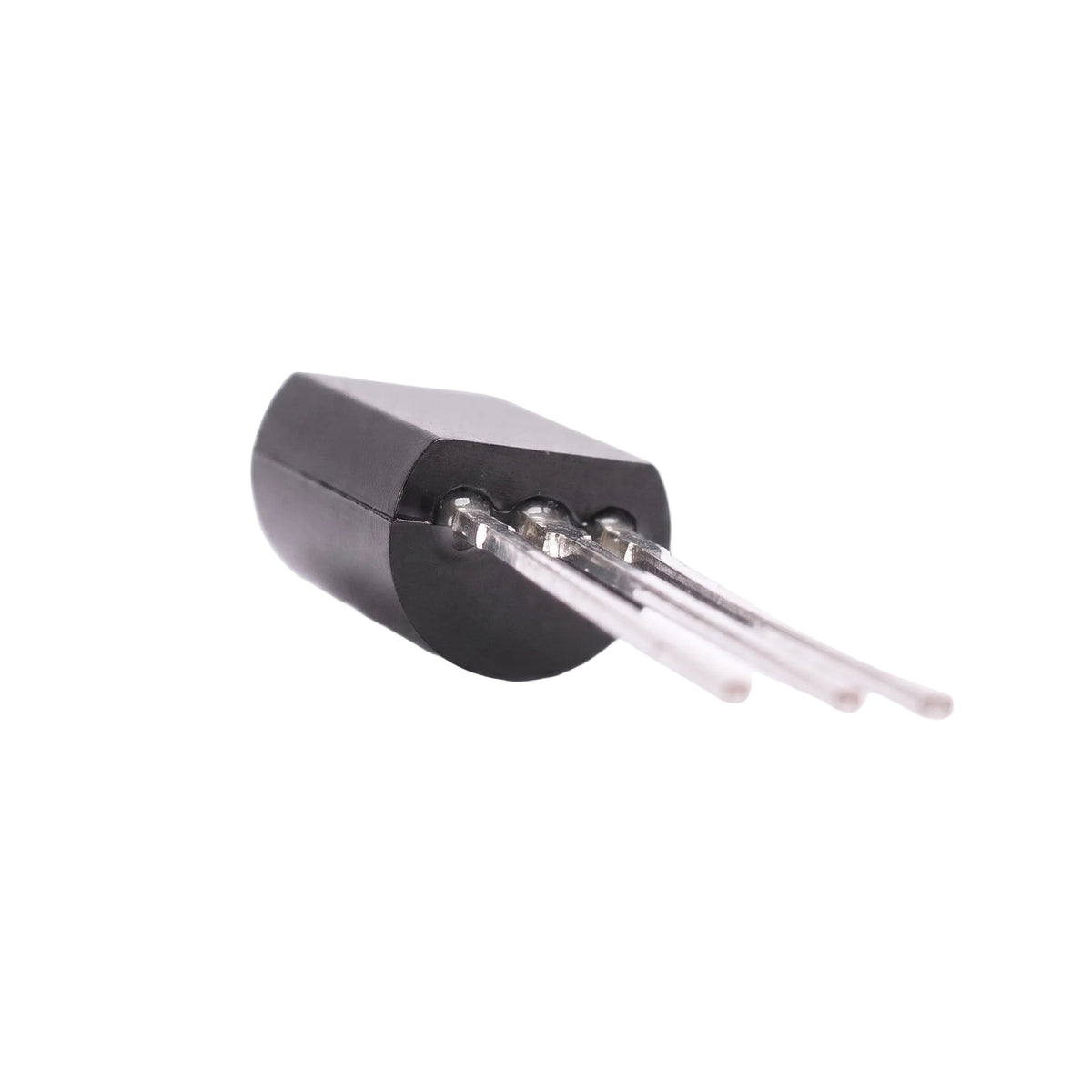A small black electronic component with three silver metal leads, photographed on a clean white background.