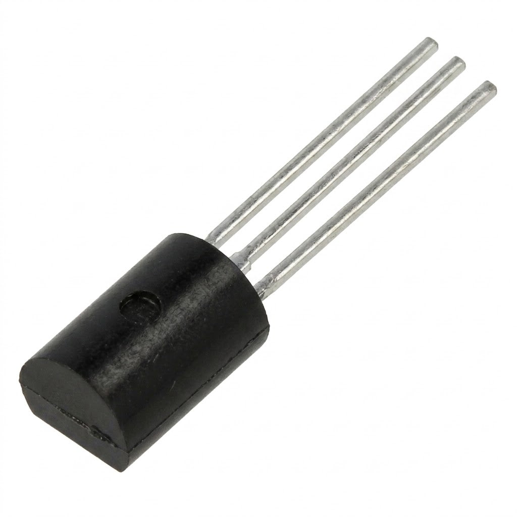 A three-pin black electronic transistor or diode component with a cylindrical body and three metal leads, shown on a plain white background.