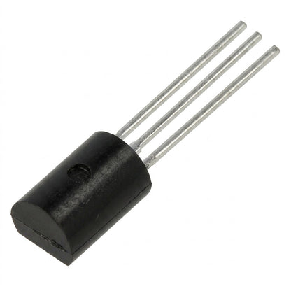 A three-pin black electronic transistor or diode component with a cylindrical body and three metal leads, shown on a plain white background.
