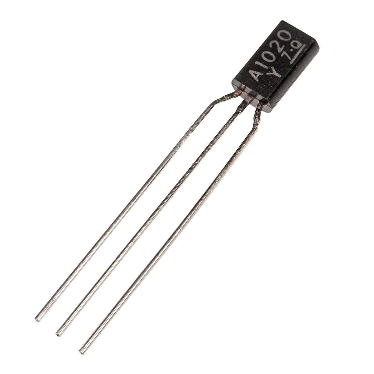A small electronic component, transistor, featuring a black plastic body with the text 'A1020Y' and three metal leads.