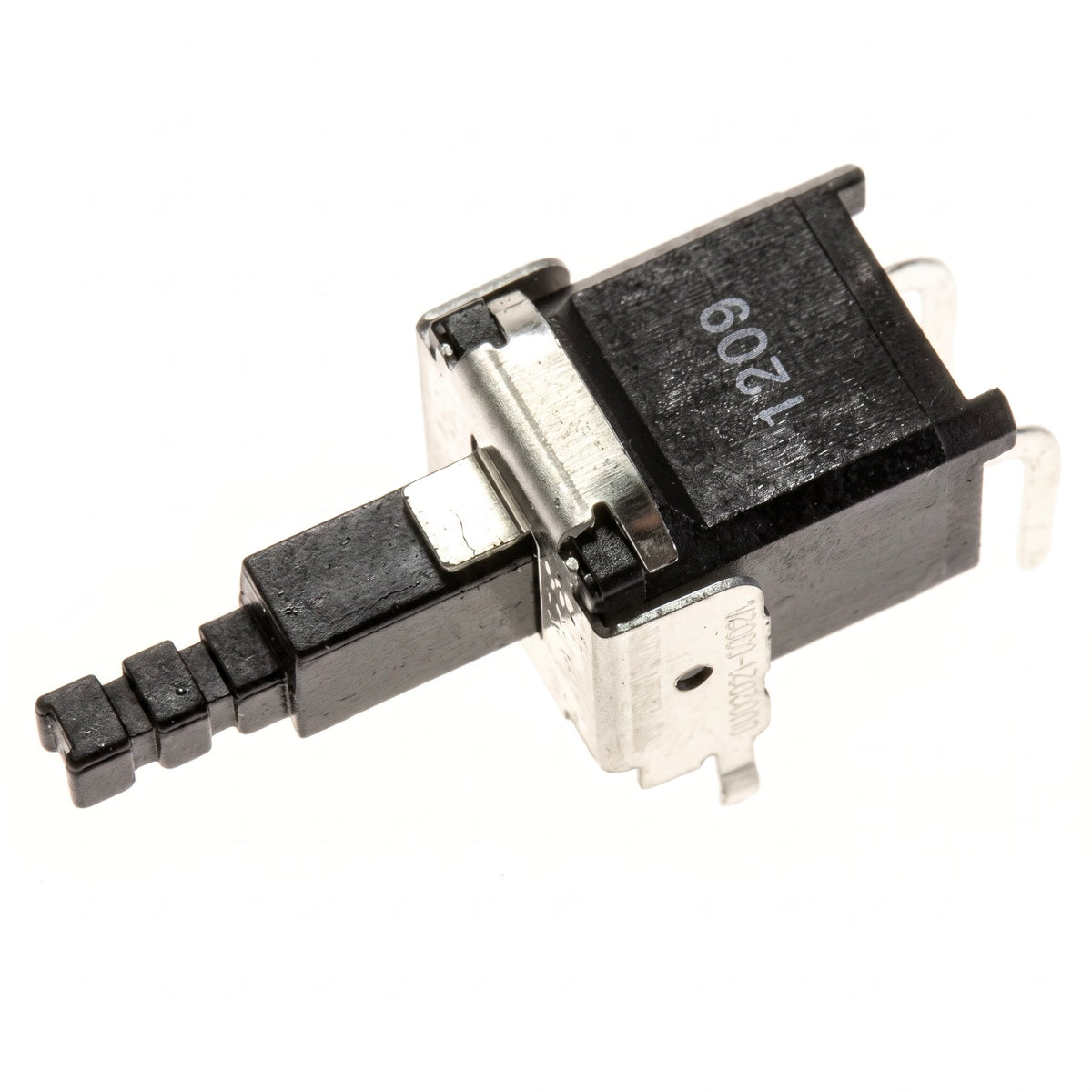 A small black and silver electrical push-button switch with a three-pin plug connector, featuring the printed text '1209' on its top casing, shown against a plain white background.